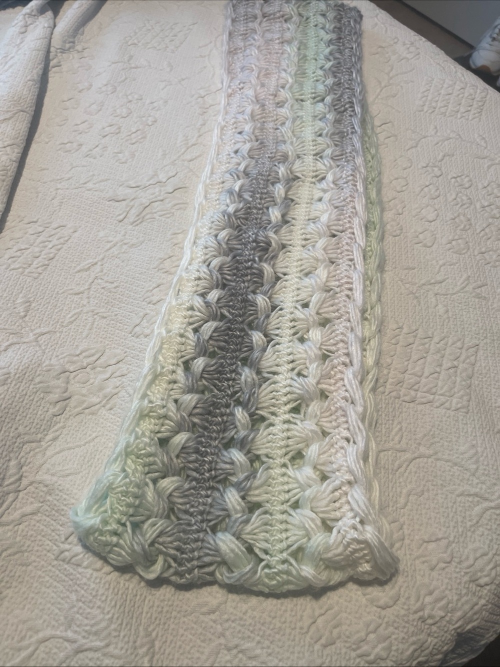 Handmade Crochet Eternity Scarf in Soft Neutrals and Mint 54” Around